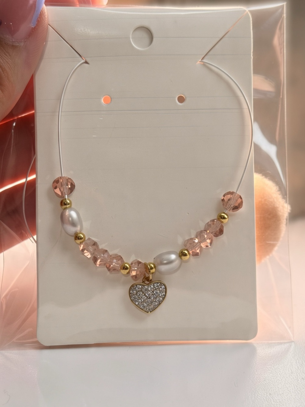 Heart Pendant Beaded Choker Necklace - Pink Pearls & Gold Accents